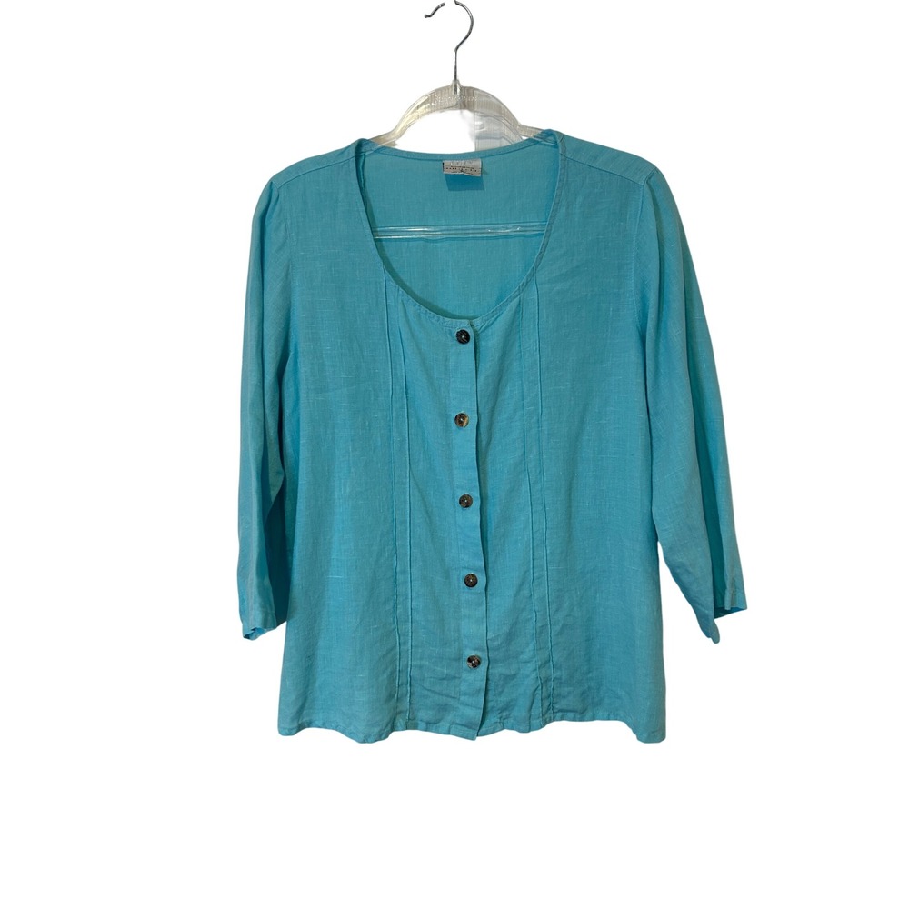 Click By Color Me Cotton Top Women L Aqua Blue Linen Pintuck Button UpUp 3/4 Slv